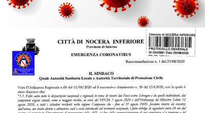 Raccomandazione del sindaco n.1 del 25/08/2020 in materia di prevenzione contagio da Coronavirus