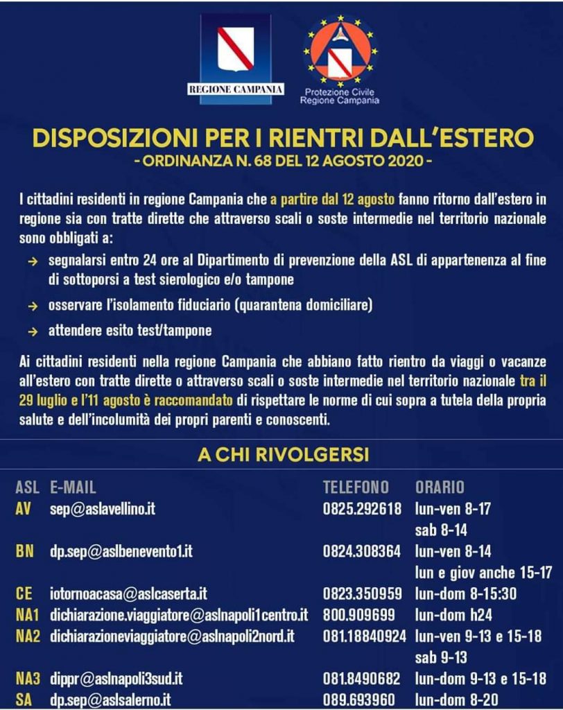 Disposizioni per i rientri dall’estero (Ord. n. 69 del 12 Agosto 2020)