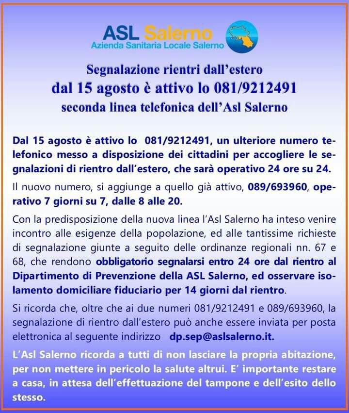 ASL Salerno: Segnalazione rientri dall’estero