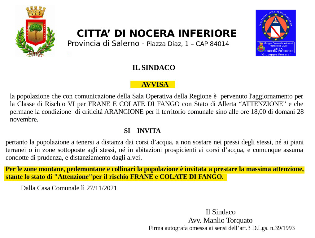 Protezione Civile Regione Campania: Allerta meteo Arancione fino alle 18 di domani